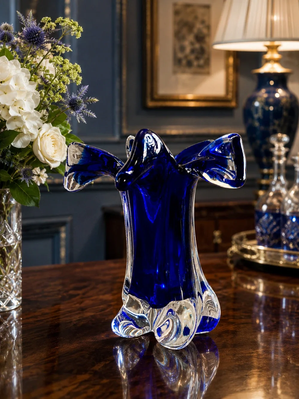 Vintage Czech Chřibská Josef Hospodka Style Cobalt Blue Art Glass Ruffled Vase
